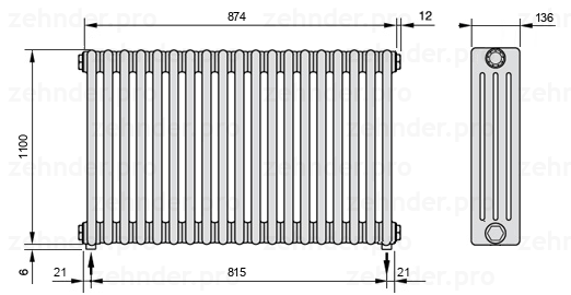 Схема (чертеж) Радиатор Zehnder Charleston 4110/19 №3570 Белый глянцевый RAL 9016